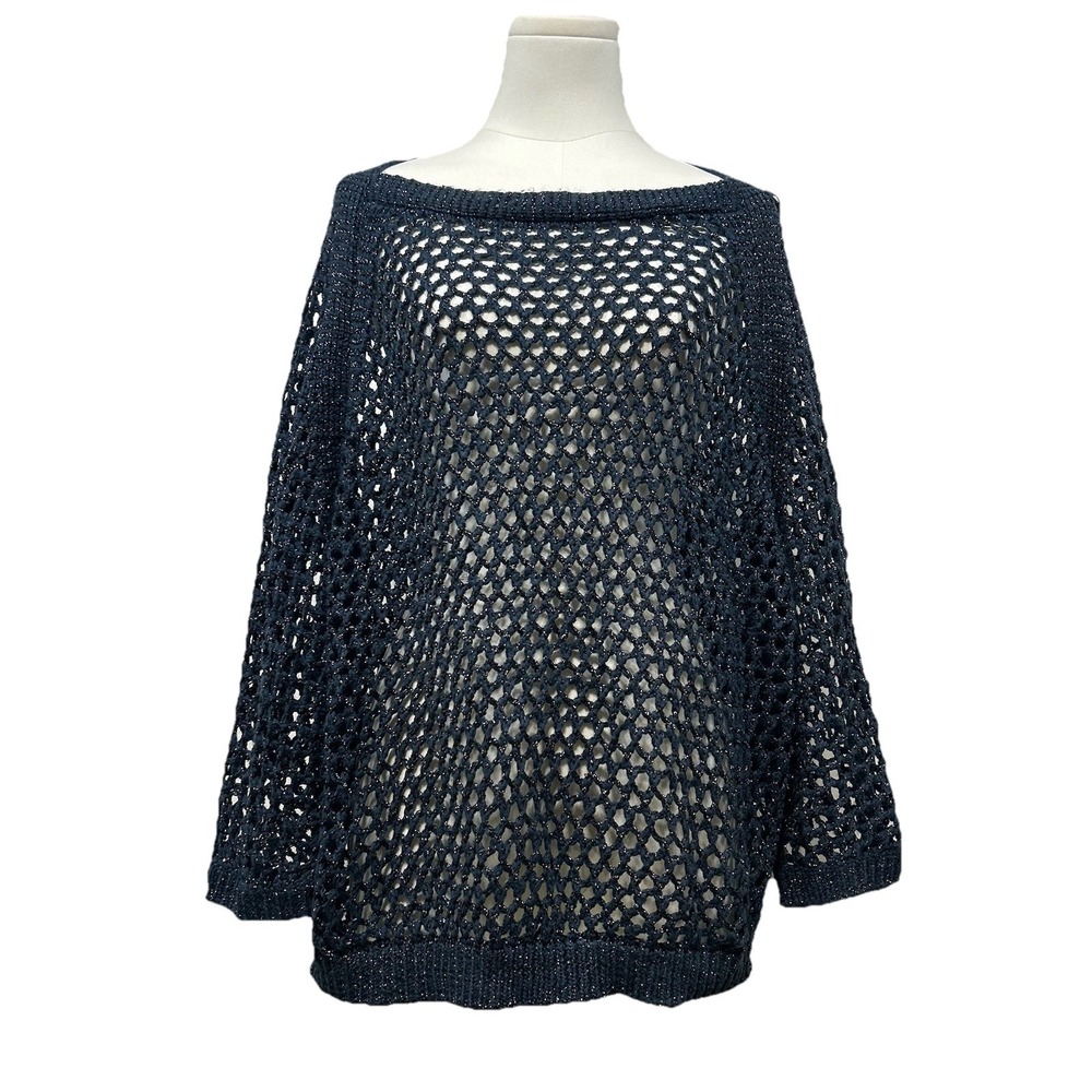 Chicos Women's Raglan Sleeve Boat Neck Metallic Crochet‎ Sweater Size 2 Boho Y2K